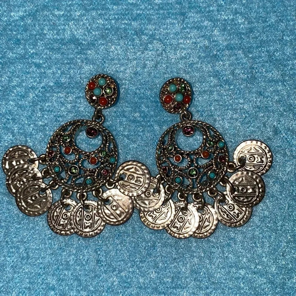 GRANZIANO Pierced earrings silver filigree coins small gems boho makers mark - Picture 1 of 7